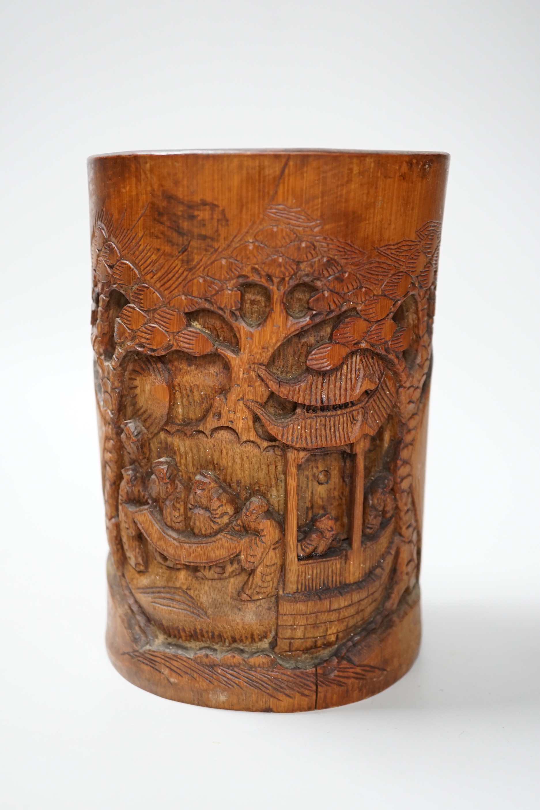 Assorted Chinese items including carved bamboo brush pot and jar, the largest 18cm high
